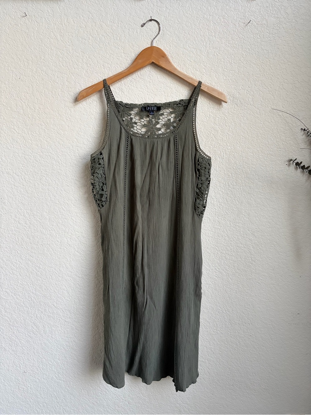 Spense Olive Green Crochet-Trim Midi Dress